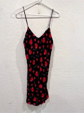 Y2K Silk Nightgown Slip Dress Chemise Heart Love You Black Red Te Amo Small Vtg